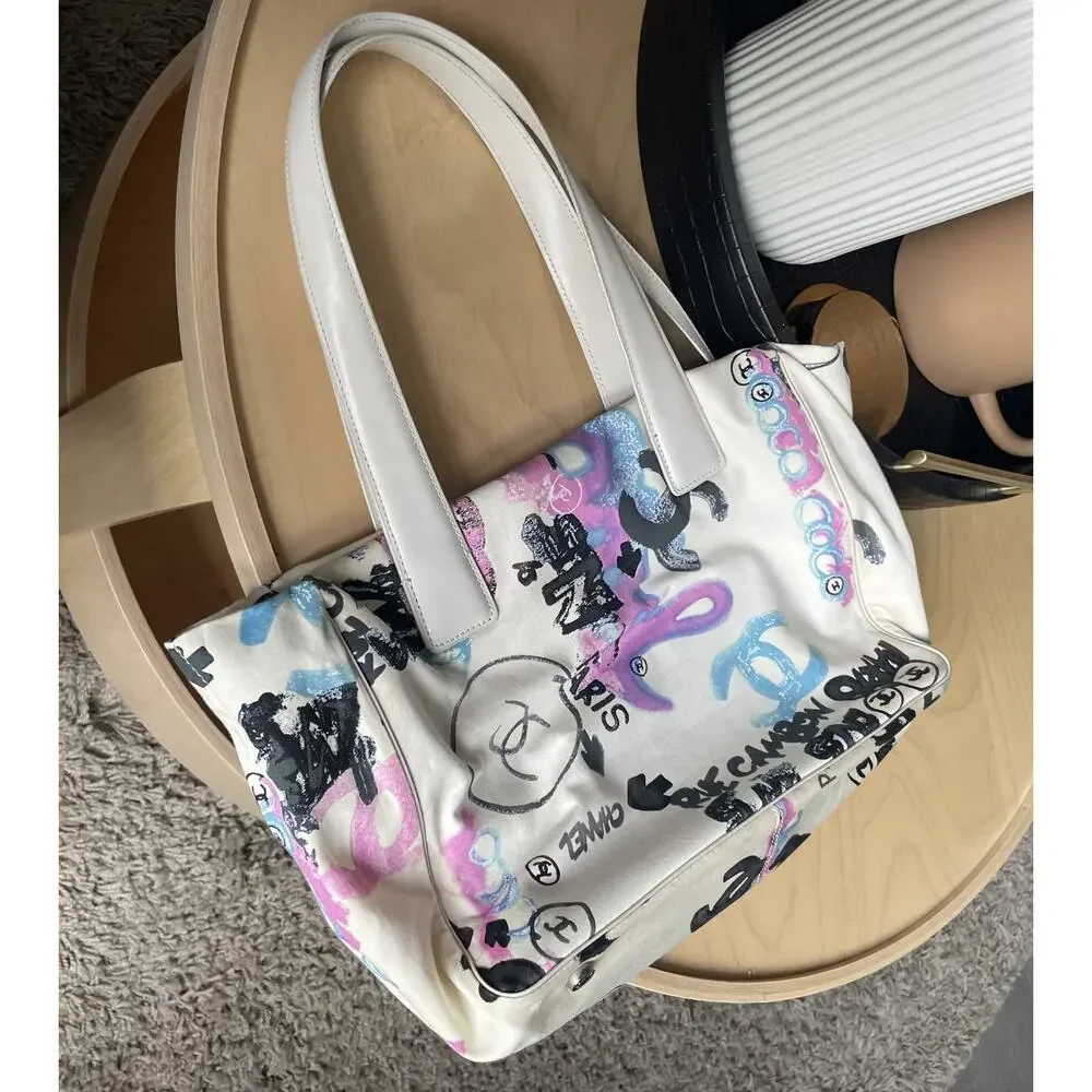 Chanel Graffiti Tote White Bag CC Logo Print Archetype Cerf Executive GST Surf